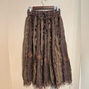 Boho Maxi Skirt w/ Fringe and Embroidery, The Little Bazaar, 14 in elastic waist